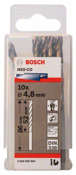 Bosch Accessories 2608585884 HSS Metall-Spiralbohrer 4.8mm Gesamtlänge 86mm Cobalt DIN 338 Zylinderschaft 10St.