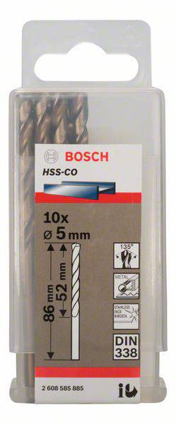 Bosch Accessories 2608585885 HSS Metall-Spiralbohrer 5mm Gesamtlänge 86mm Cobalt DIN 338 Zylinderschaft 10St.