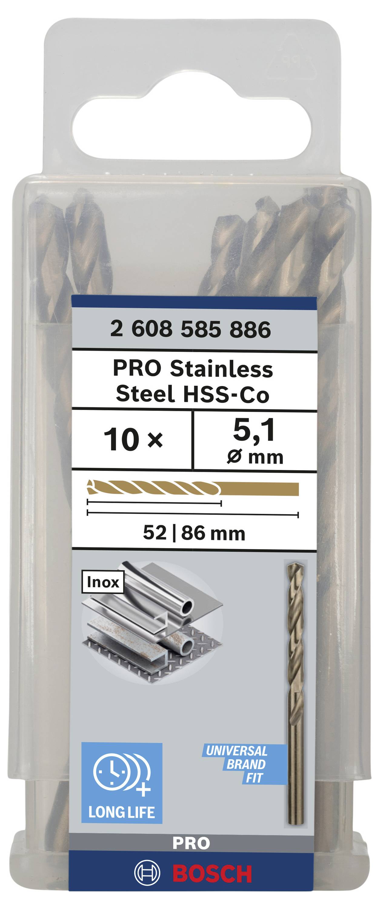 Bosch Accessories 2608585886 HSS Metall-Spiralbohrer 5.1mm Gesamtlänge 86mm Cobalt DIN 338 Zylinderschaft 10St.