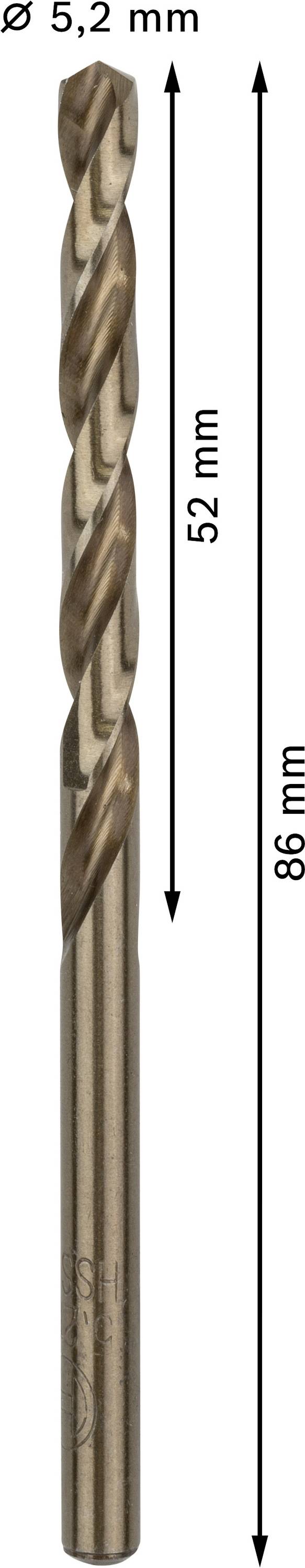 Ein Metallbohrer mit Spiralform, Durchmesser 5,2 mm, Gesamtlänge 86 mm, Spirallänge 52 mm, in Bronzeoptik.