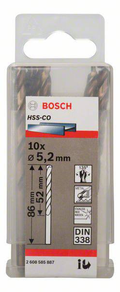 Verpackung mit Bosch HSS-CO Bohrern, 10 Stück, Durchmesser 5,2 mm, Länge 86 mm, DIN 338, geeignet für Metall.