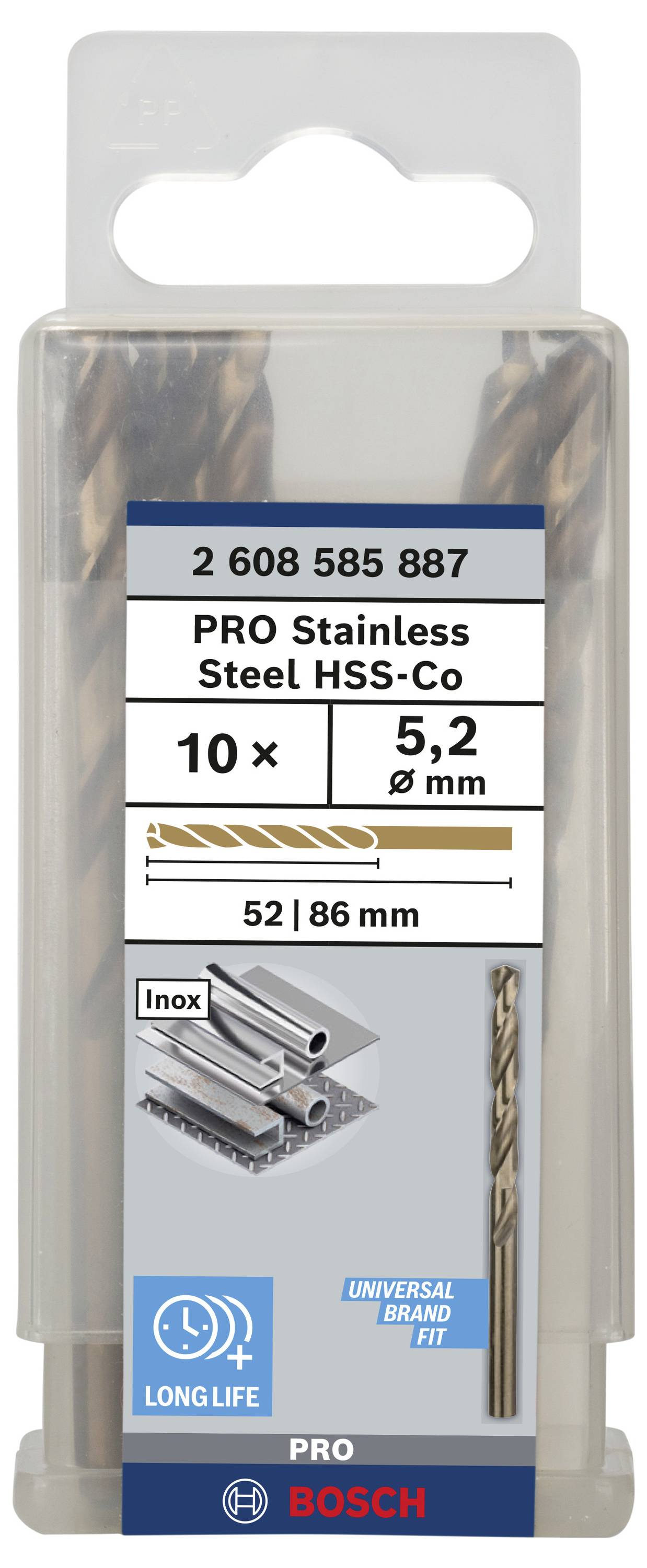 Set mit zehn Bosch HSS-Co Pro Edelstahlbohrern, 5,2 mm Durchmesser, robust und langlebig, geeignet für Edelstahl und Metalle.