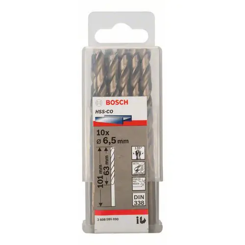 Bosch Accessories 2608585890 HSS Metall-Spiralbohrer 6.5mm Gesamtlänge 101mm Cobalt DIN 338 Zylinderschaft 10St. Bosch Accessories 2608585890 HSS Metall-Spiralbohrer 6.5mm Gesamtlänge 101mm Cobalt DIN 338 Zylinderschaft 10St.