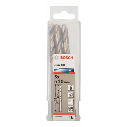 Bosch Accessories 2608585898 HSS Metall-Spiralbohrer 10mm Gesamtlänge 133mm Cobalt DIN 338 Zylinderschaft 5St. Bosch Accessories 2608585898 HSS Metall-Spiralbohrer 10mm Gesamtlänge 133mm Cobalt DIN 338 Zylinderschaft 5St.