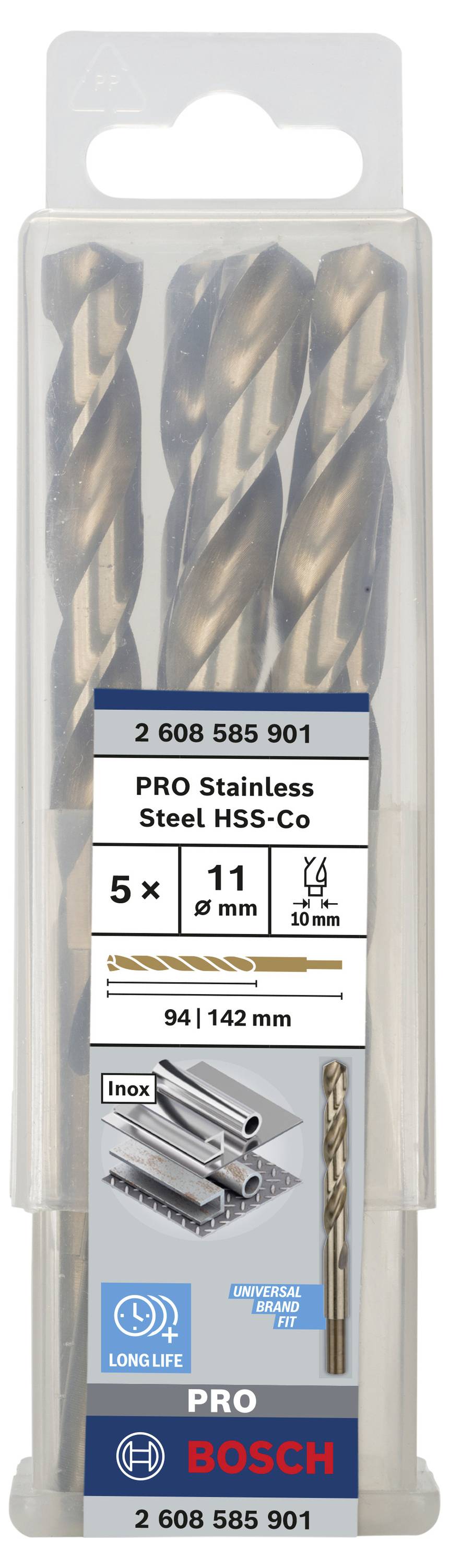 Drei Bosch Pro Edelstahl-Bohrer im Set, Größe 5x11 mm, mit Verpackung. Geeignet für Metallbohrungen, besonders rostfreien Stahl.