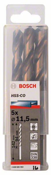 Bosch Accessories 2608585902 HSS Metall-Spiralbohrer 11.5mm Gesamtlänge 142mm Cobalt DIN 338 Zylinderschaft 5St.