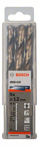 Bosch Accessories 2608585903 HSS Metall-Spiralbohrer 12mm Gesamtlänge 151mm Cobalt DIN 338 Zylinderschaft 5St.