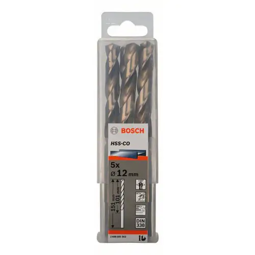 Bosch Accessories 2608585903 HSS Metall-Spiralbohrer 12mm Gesamtlänge 151mm Cobalt DIN 338 Zylinderschaft 5St. Bosch Accessories 2608585903 HSS Metall-Spiralbohrer 12mm Gesamtlänge 151mm Cobalt DIN 338 Zylinderschaft 5St.