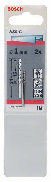Bosch Accessories 2608585906 HSS Metall-Spiralbohrer 1mm Gesamtlänge 34mm geschliffen DIN 338 Zylinderschaft 2St.