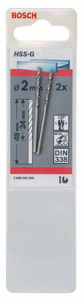 Bosch Accessories 2608585908 HSS Metall-Spiralbohrer 2mm Gesamtlänge 49mm geschliffen DIN 338 Zylinderschaft 2St.
