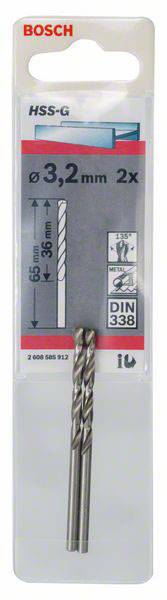 Bosch Accessories 2608585912 HSS Metall-Spiralbohrer 3.2mm Gesamtlänge 65mm geschliffen DIN 338 Zylinderschaft 2St.