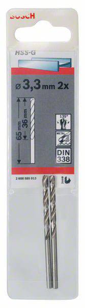 Bosch Accessories 2608585913 HSS Metall-Spiralbohrer 3.3mm Gesamtlänge 65mm geschliffen DIN 338 Zylinderschaft 2St.