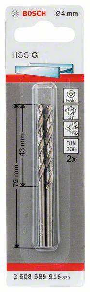 Bosch Accessories 2608585916 HSS Metall-Spiralbohrer 4mm Gesamtlänge 75mm geschliffen DIN 338 Zylinderschaft 2St.