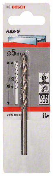 Ein Bohrer von Bosch, Durchmesser 5 mm, HSS-G Typ, für Metallbearbeitung, DIN 338 Standard, Verpackung zeigt Diagramm mit Bohrtiefe.