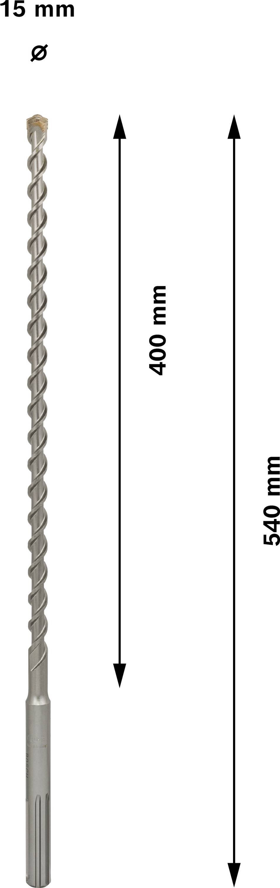 Bohrhammerbohrer mit einem Durchmesser von 15 mm. Die Gesamtlänge beträgt 540 mm, davon sind 400 mm nutzbare Länge.