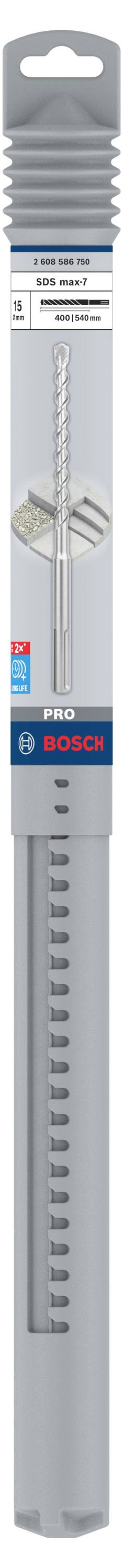 Bohrer-Set für Beton in grauer Verpackung, Markenname sichtbar oben, Produkt unter transparentem Kunststoff mit rotierender Spitze.