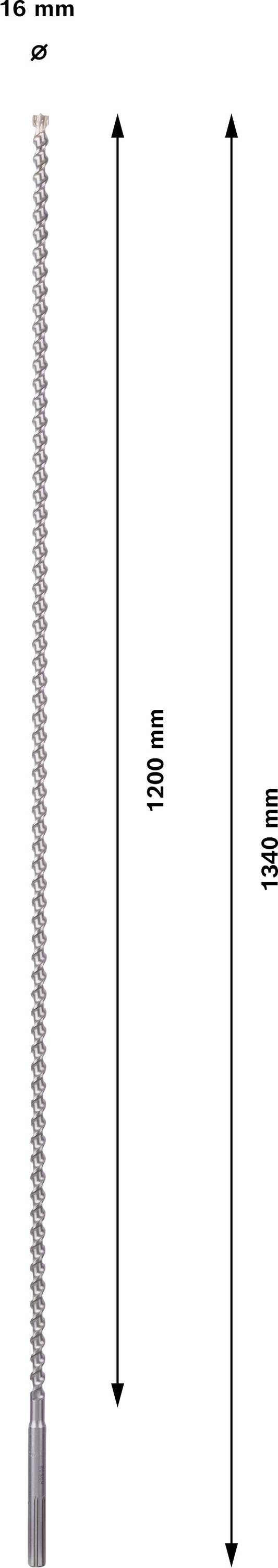 Bohrer mit einem Durchmesser von 16 mm und einer Gesamtlänge von 1000 mm. Nutzt für tiefes Bohren in Beton oder Mauerwerk.