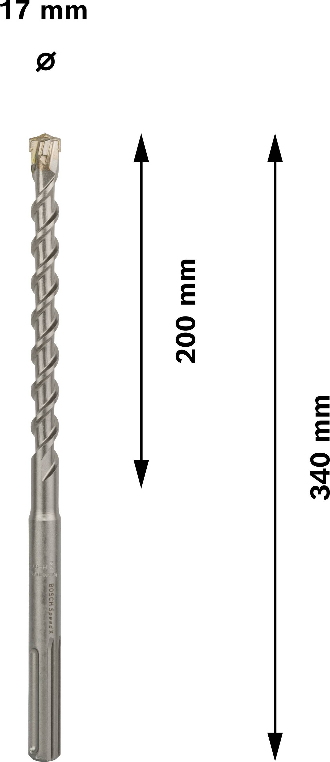 Bohrer mit 17 mm Durchmesser, 340 mm Gesamtlänge, davon 200 mm effektiv. Geeignet für verschiedene Materialien.