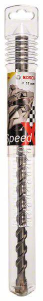 Bohrer in Plastikverpackung, Markenname oben sichtbar, spiraliges Design, geeignet für Beton oder Gestein.