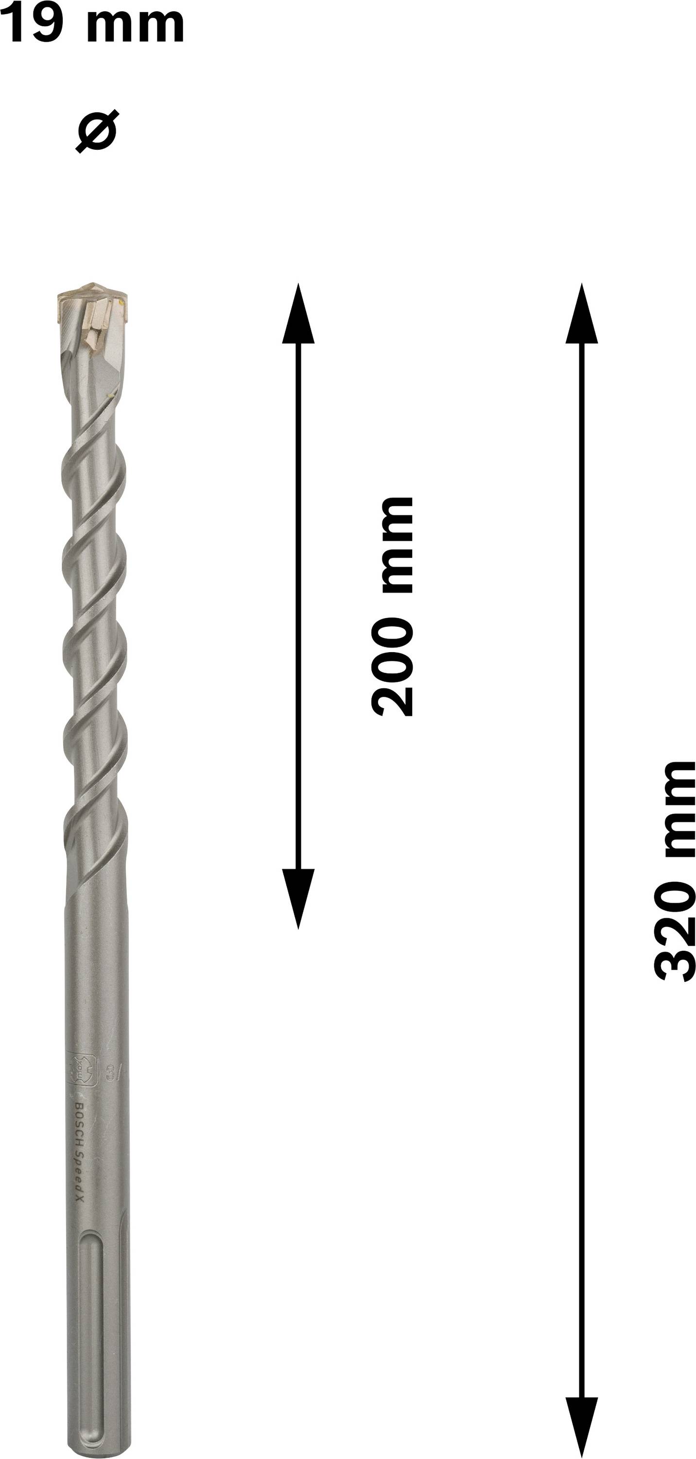 Bohrer mit 19 mm Durchmesser und 320 mm Länge. Markierungen zeigen eine 200 mm nutzbare Länge.