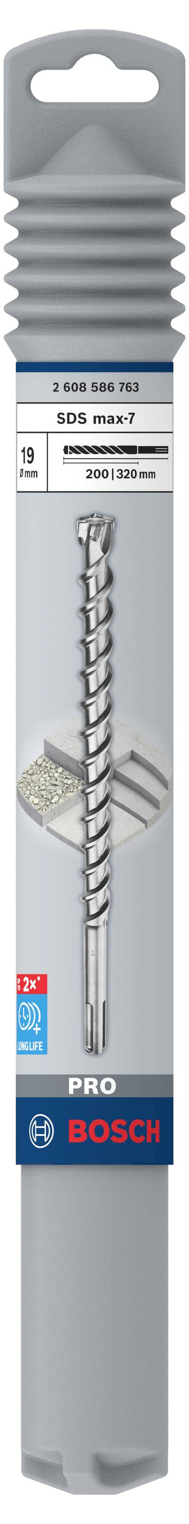 Bohrer von Bosch in grauem Etui, 5 mm Durchmesser, geeignet für Beton und anderen Materialien. Verpackung zeigt 'Pro'-Kennzeichnung.