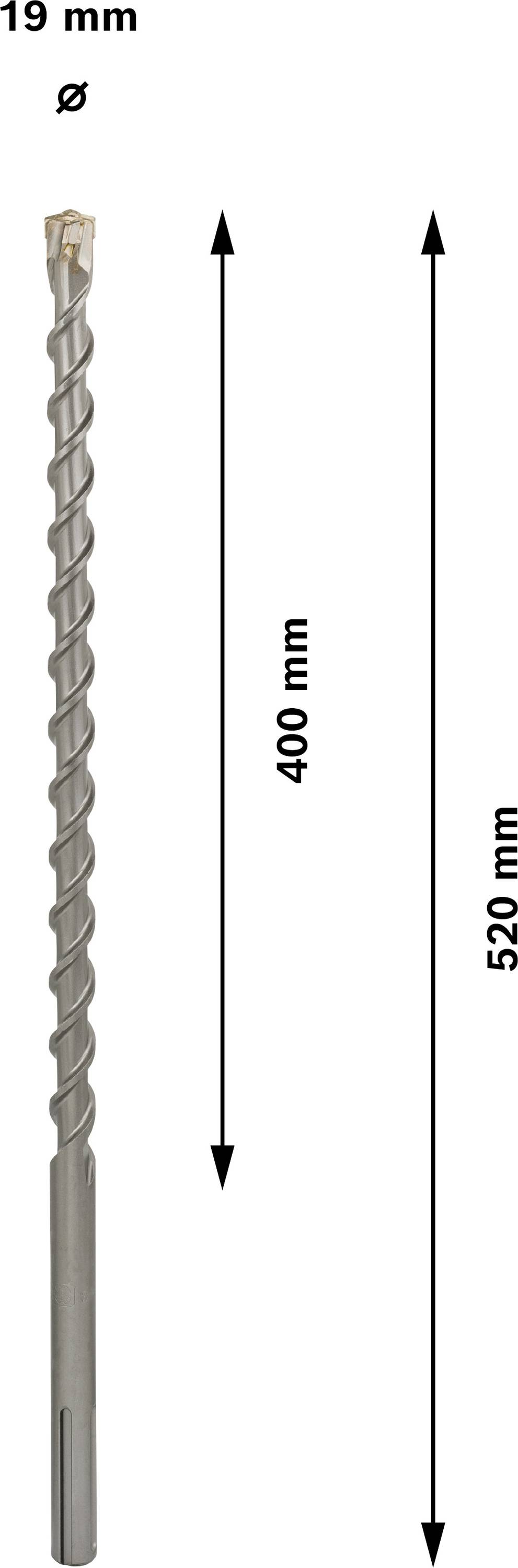 Langer Bohrer mit einer Länge von 520 mm und einem Durchmesser von 19 mm, wobei die Spirale 400 mm lang ist.
