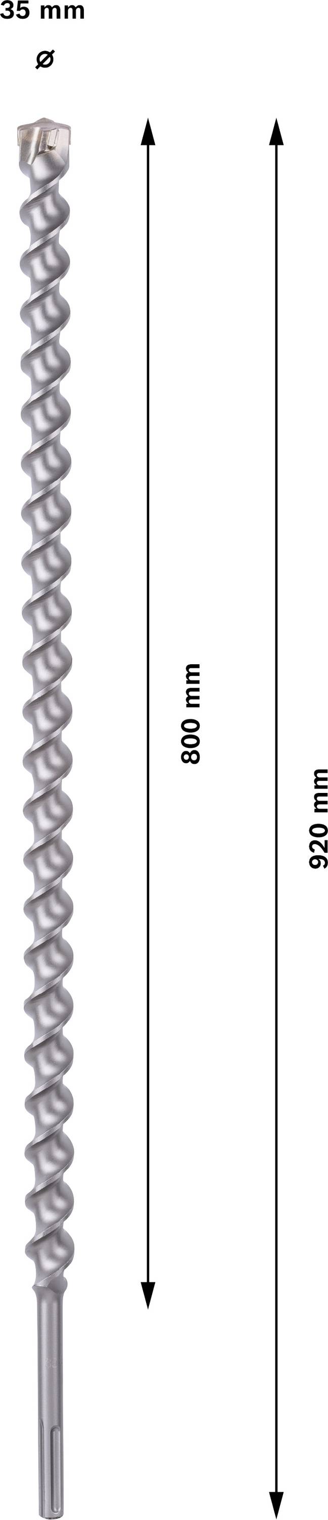 Bohrer mit Spiralform und 35 mm Durchmesser. Länge von 800 mm und Gesamtlänge von 920 mm sind markiert.