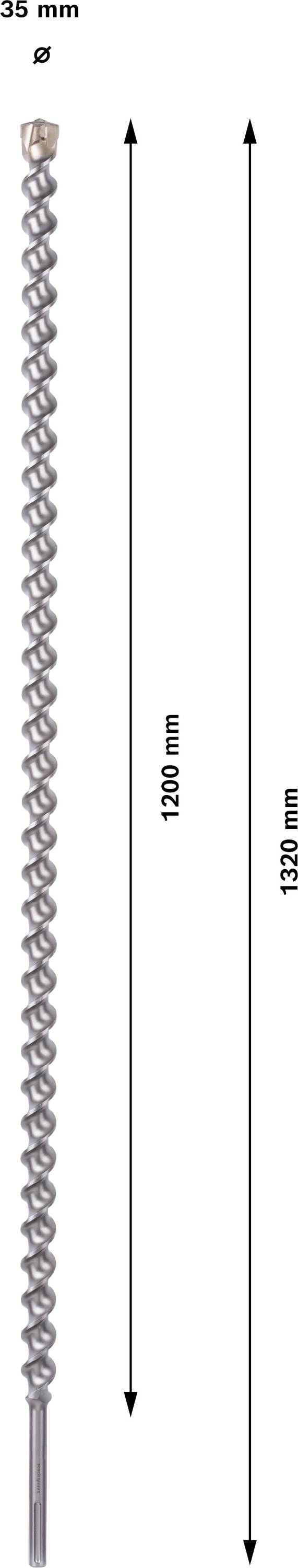 Bohrschnecke mit einer Länge von 1120 mm und einem Gesamtdurchmesser von 35 mm, geeignet für tiefe Bohrungen.