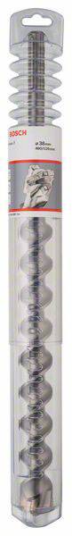 Verpackung eines Bohrers der Marke Bosch mit grauer Spiralform und roten Markierungen. Verpackung zeigt Bohrer und Markenlogo.