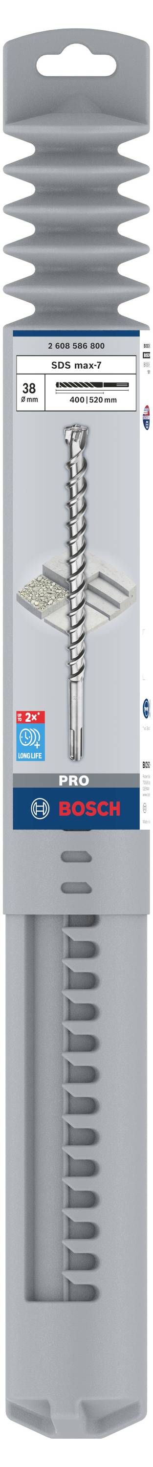 Bohrer in grauer Verpackung; geeignet für Beton und Mauerwerk. Markenname und Abbildung des Bohrers auf der Verpackung.