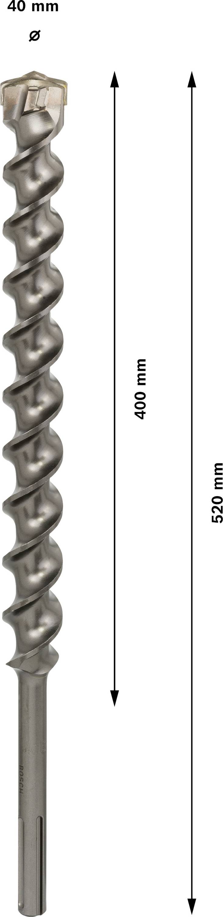 Bohrer mit Spiralförmiges Design, 40 mm Durchmesser, 400 mm Arbeitslänge, 520 mm Gesamtlänge.