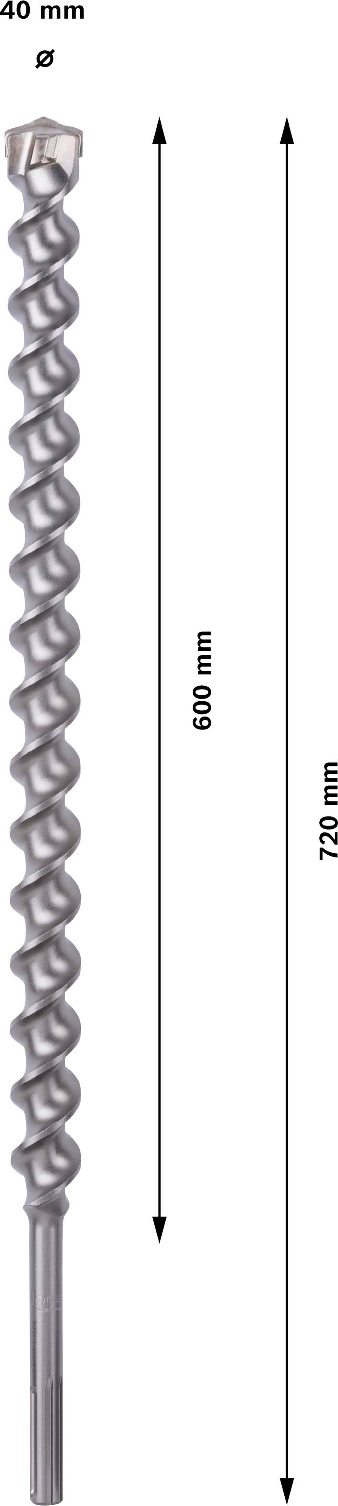 Bohrer mit einer Breite von 40 mm und einer Gesamtlänge von 720 mm; Spirallänge beträgt 600 mm.