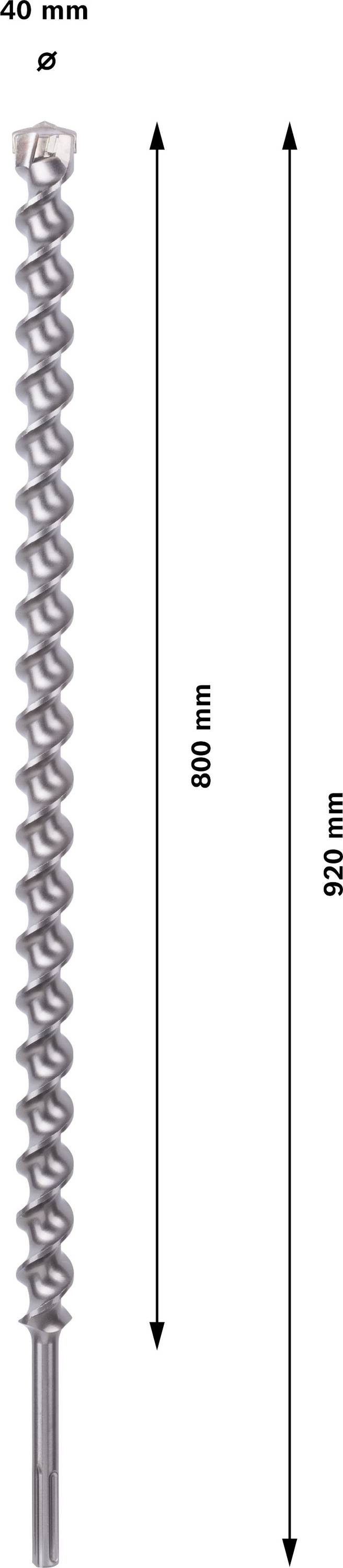 Ein grauer Bohrer mit einer Gesamtlänge von 920 mm. Die Spirale des Bohrers ist 800 mm lang. Durchmesser beträgt 40 mm.