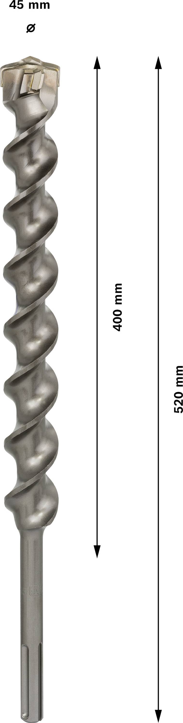 Bohrkopf mit 45 mm Durchmesser und 520 mm Gesamtlänge. Spiralförmiger Schaft hat 400 mm. Geeignet für Bohraufgaben in Bauprojekten.