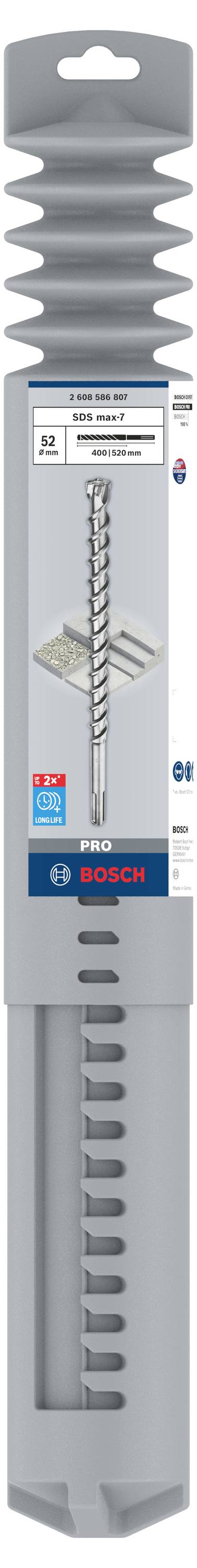 Verpackung eines 'Bosch Concrete Drill Bit' mit Produktinformationen und Bild des Bohrers, der für Beton geeignet ist.