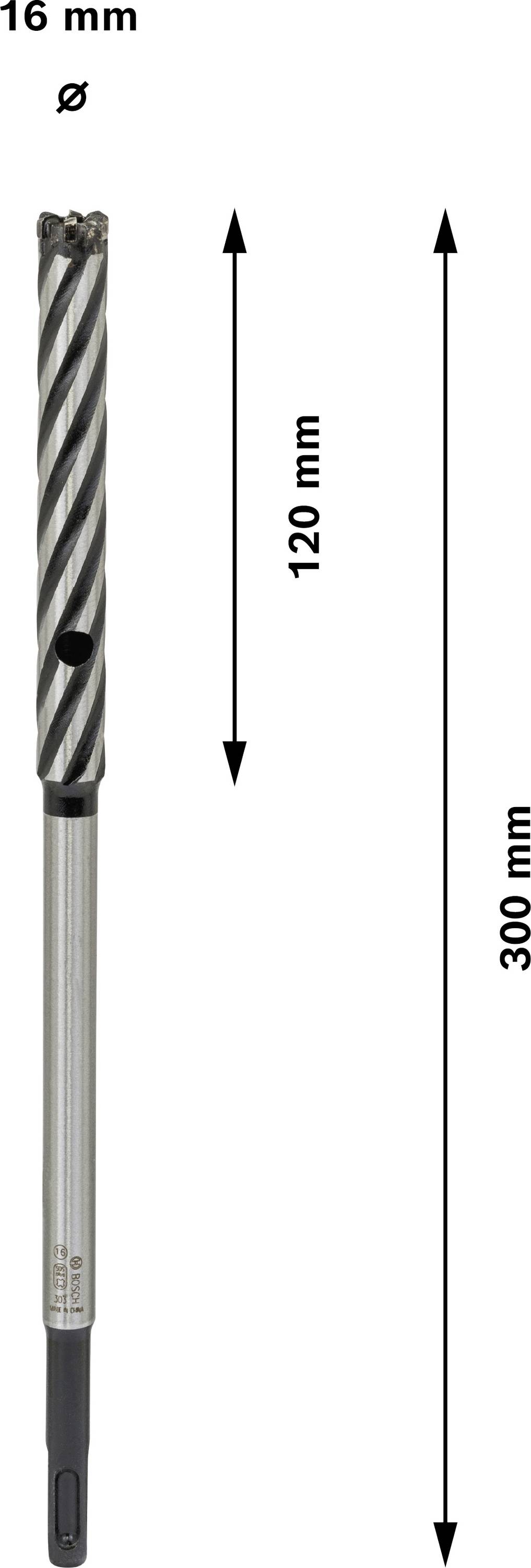 Abbildung eines Bohrers mit 16 mm Durchmesser, 120 mm Schneidelänge und 300 mm Gesamtlänge.