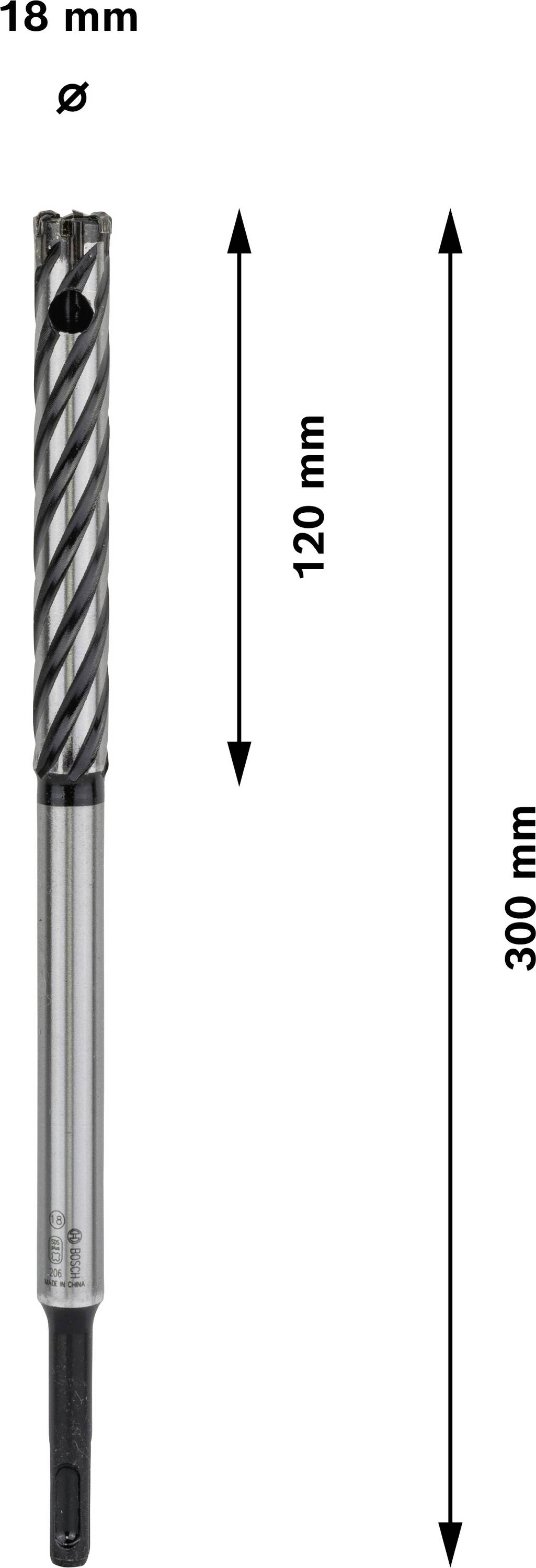 Bohrer mit Spiraldesign, Durchmesser 18 mm, Länge 300 mm, nutzbare Länge 120 mm.