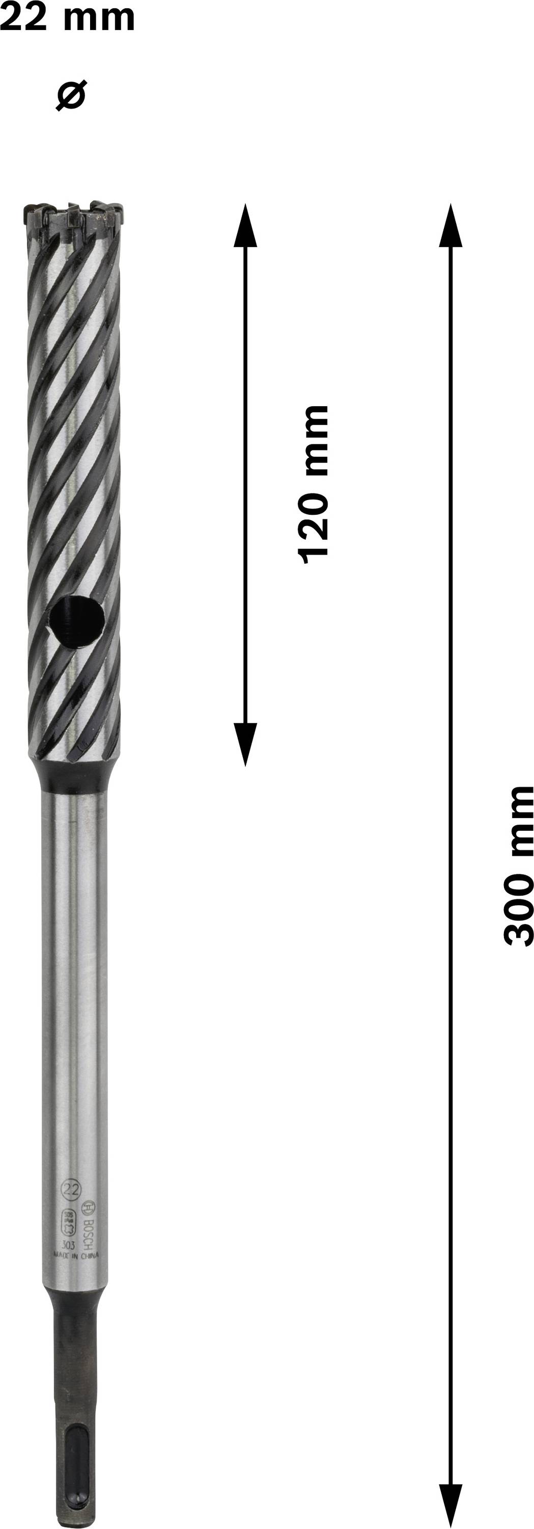 Bohrer mit Spiralnut und zylindrischem Schaft. Gesamtlänge 300 mm, Nutlänge 120 mm, Durchmesser 22 mm.