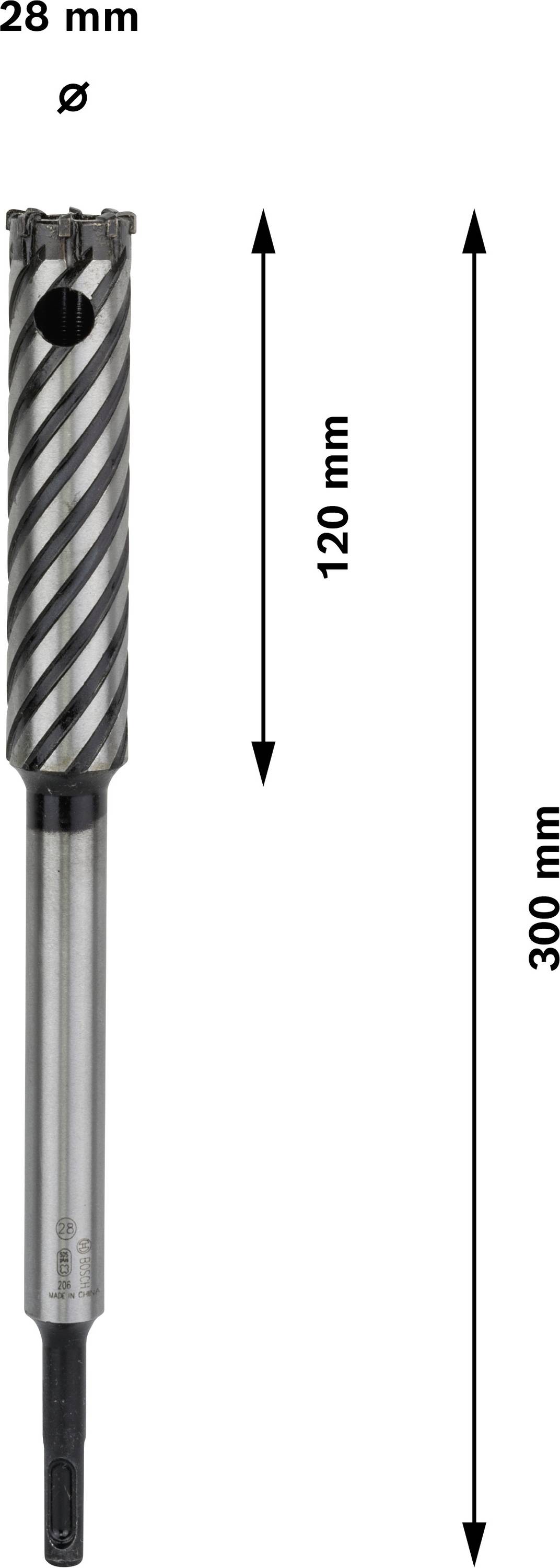 Bohrer, 28 mm Durchmesser, Gesamtlänge 300 mm, Spirallänge 120 mm, silber-metallisch, mit schwarzer Spiralmusterung.