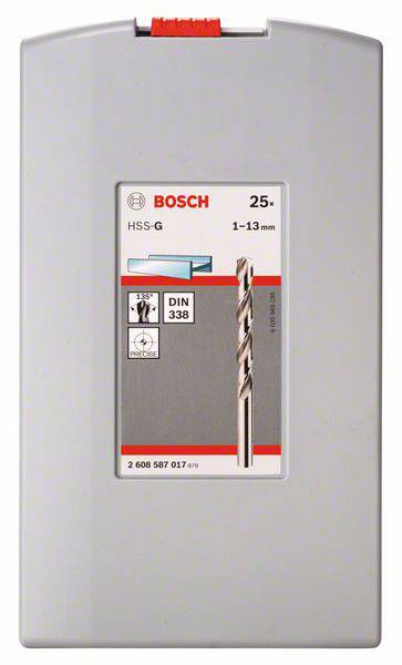 Graue Verpackung mit Bosch-Logo und Bohrerabbildung. 'HSS-G 1-13 mm' steht auf dem Etikett. Enthält 25 Metallbohrer.