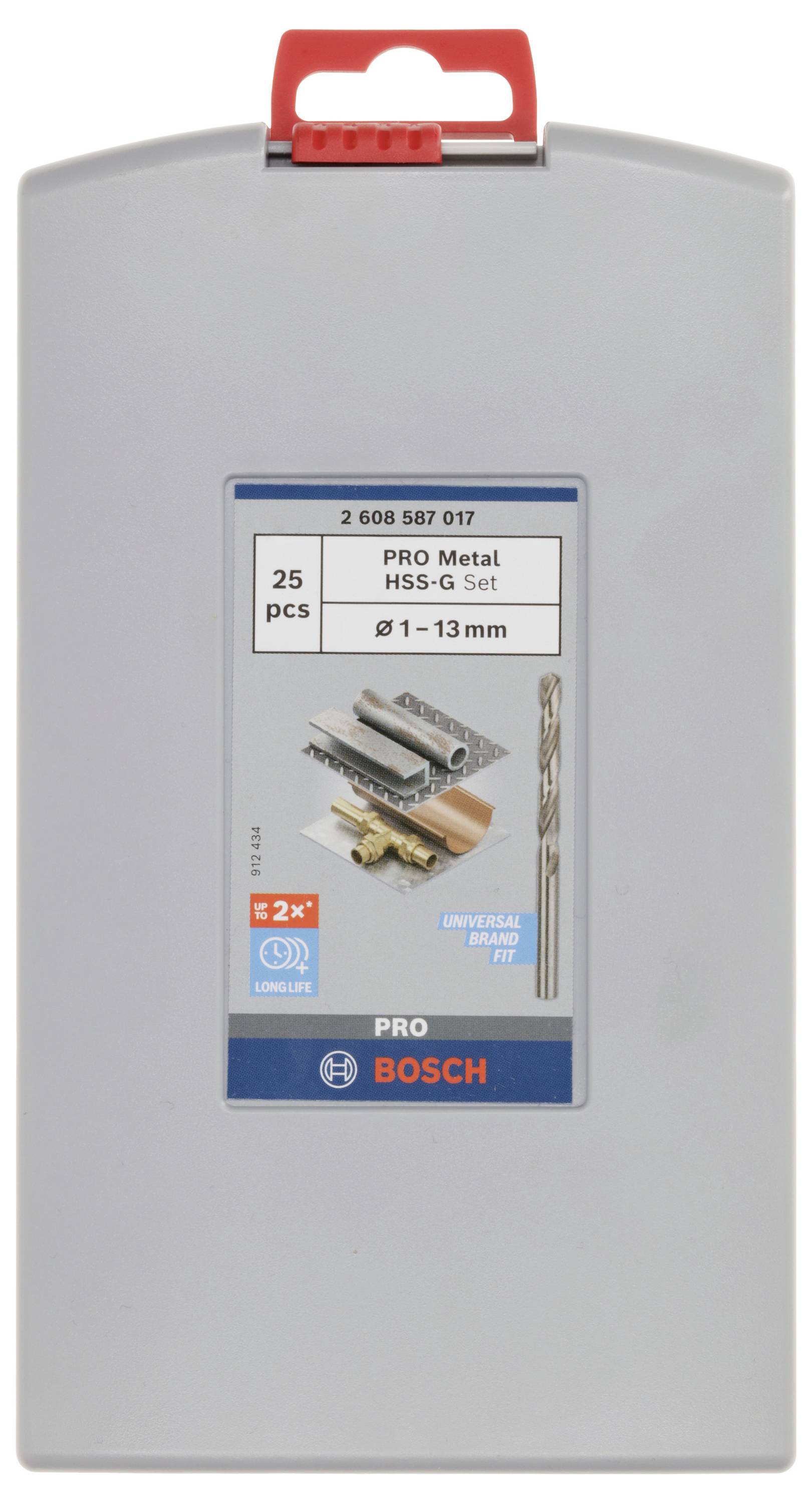 Bohraufsatz-Set von Bosch, 25 Stück, HSS-G, Durchmesser 1-13 mm, in grauer Verpackung mit rotem Griff, für Metallbearbeitung.