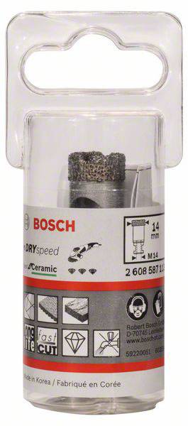 Verpackung eines Bosch Diamantbohrers Dry Speed, 14 mm Durchmesser, für Fliesen, Made in Korea. Enthält Bohrer und Halterung.