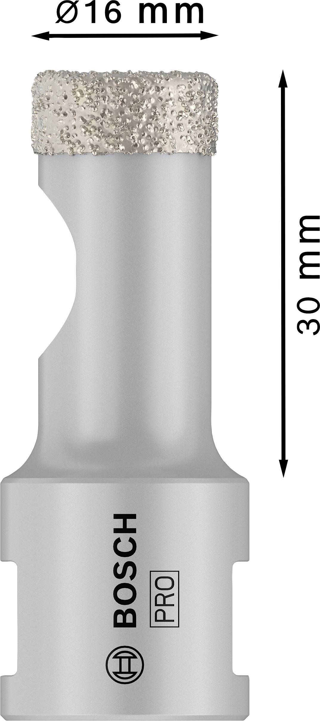 Diamantbohrkrone 16 mm Ø, 30 mm Länge, Marke Bosch Pro. Zylindrisch mit diamantenbestücktem Kopf, geeignet für präzises Bohren in harte Materialien.