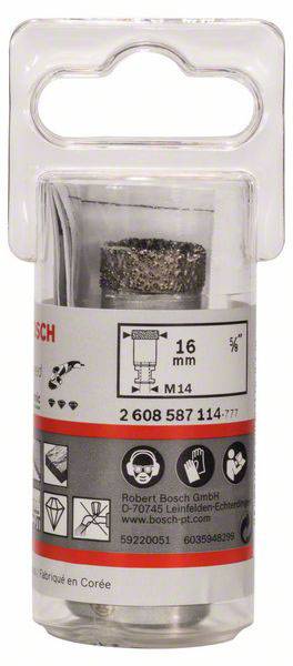 Diamantbohrer von Bosch, Ø 16 mm, M14 Gewinde, verpackt in transparenter Box. Verpackung zeigt Nutzungshinweise und Herstellerdetails.