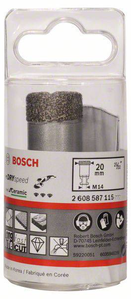 Verpackung eines Bosch Trockenbohrers, geeignet für Keramik, Durchmesser 20 mm, mit M14 Gewinde. Enthält Hinweise zur Schnittgeschwindigkeit.