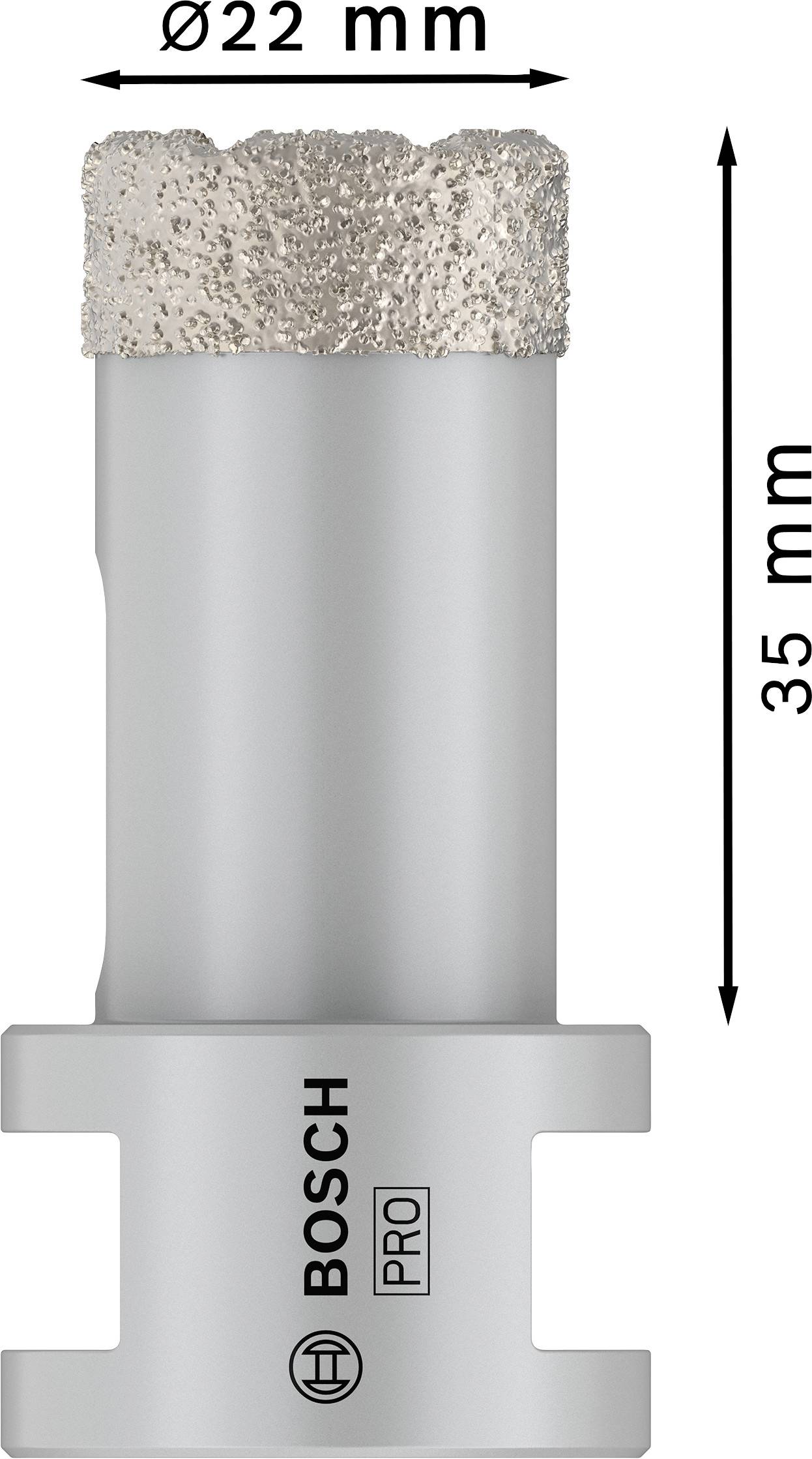Diamantbohrkrone der Marke Bosch, Durchmesser 22 mm, Höhe 35 mm, mit Bosch-Logo und 'PRO'-Aufschrift, geeignet für Profi-Anwendungen.