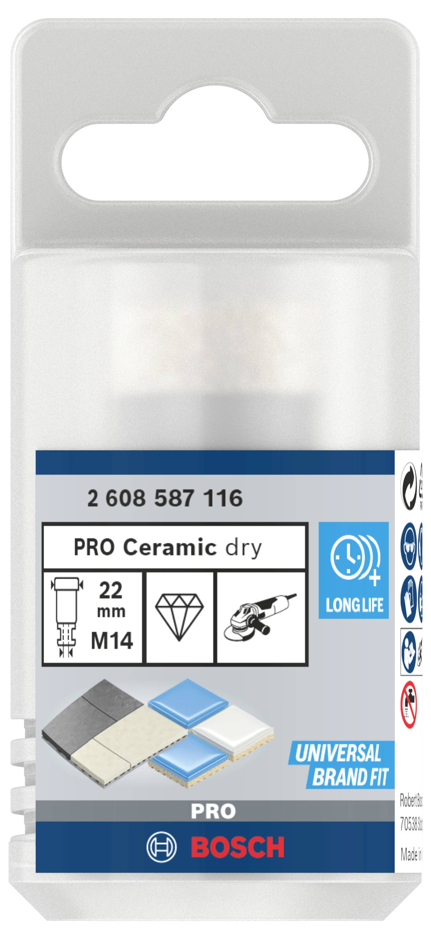'Bosch PRO Ceramic dry', Fliesenbohrer, 22 mm, M14-Gewinde, langlebig, geeignet für Fliesen; Verpackungsetikett mit Produktinformationen.