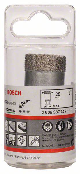 Bohrkrone von Bosch, 25 mm, geeignet für Keramik, M14-Anschluss. Verpackung zeigt Anwendungshinweise und Symbole für Materialien.