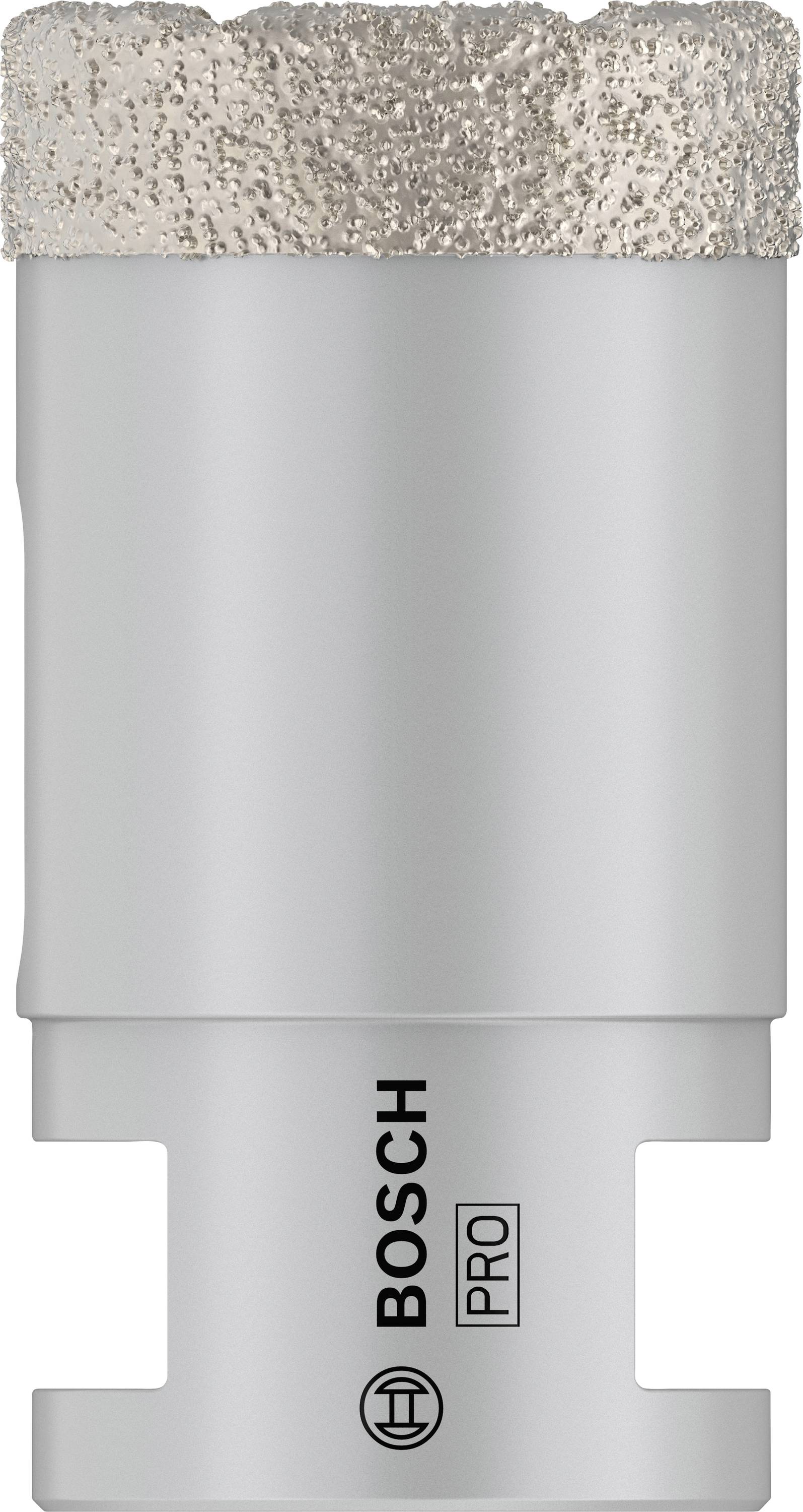 Diamantbohrkrone von Bosch, Pro-Serie, mit silbernem Metallkörper und diamantbeschichtetem Kopf, geeignet für Fliesenbohren.