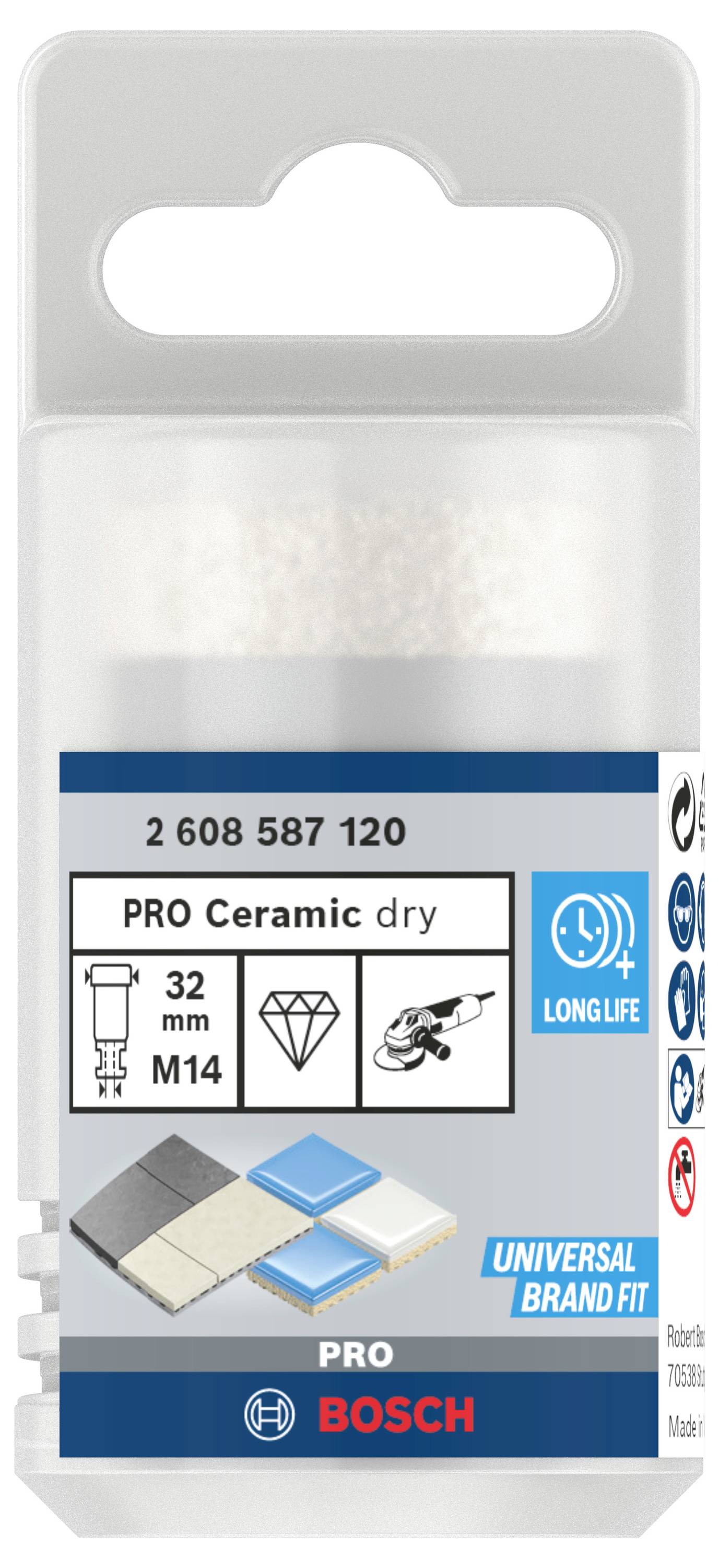 'Bosch PRO Ceramic dry' Diamantbohrkrone, 32 mm Durchmesser, M14 Aufnahme, geeignet für Fliesen. Verpackung zeigt Logos für Haltbarkeit und Universal Brand Fit.